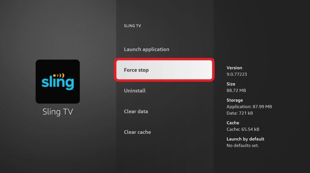 Sling TV screen Force stop highlighted