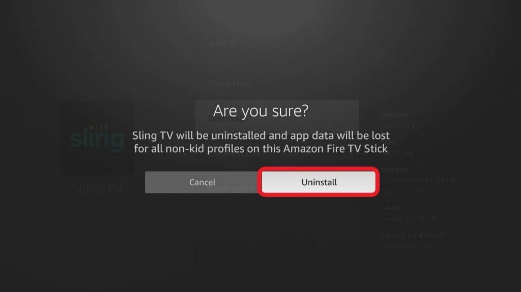 Sling TV screen uninstall confirmation pop-up