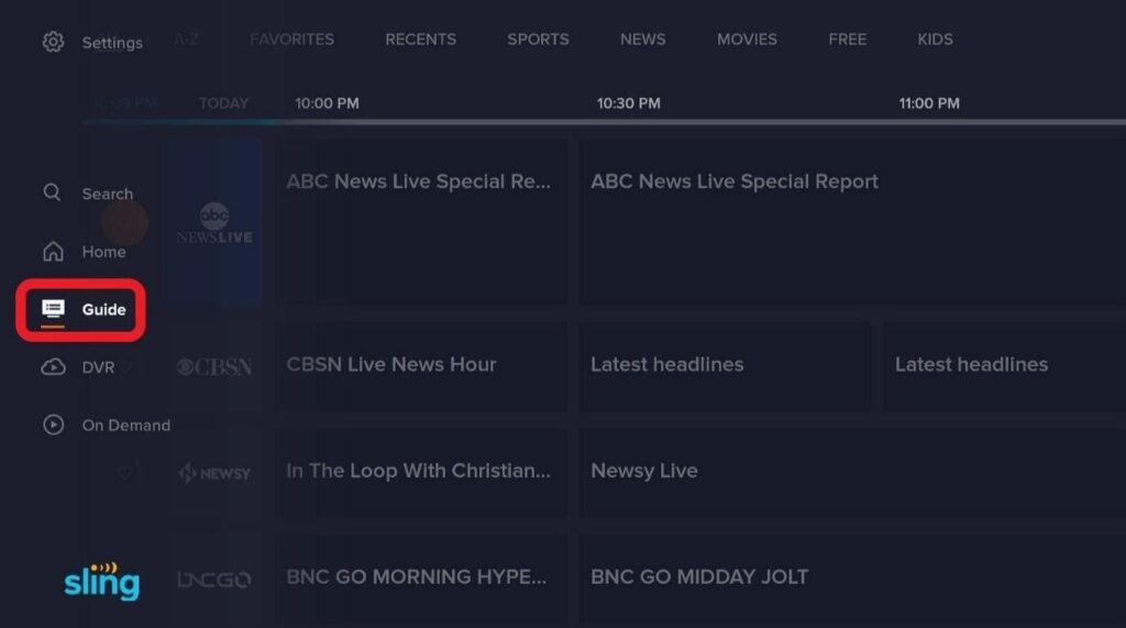 Sling TV setting Guide button highlighted