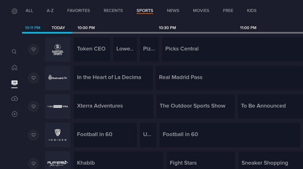 Sling TV setting Sports page menu