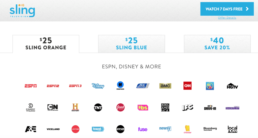 Sling TV website subcription plan page