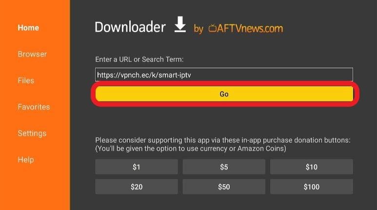 Smart IPTV URL for Firestick in the Downloader search box