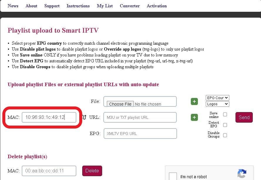 Smart IPTV playlist files upload screen on PC or Mobile browser, MAC address highlighted