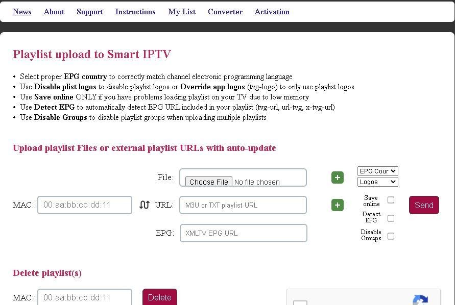 Smart IPTV playlist files upload screen on PC or Mobile browser