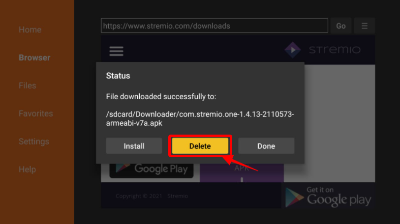 Stremio App installing status prompt