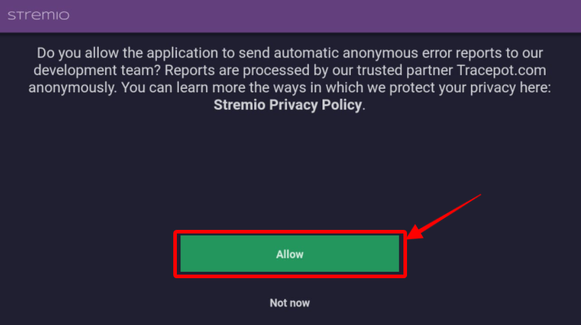 Stremio app Allow permission to send error reports to their development team