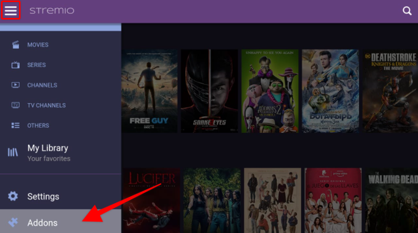 Stremio app dashboard, Addons highlighted