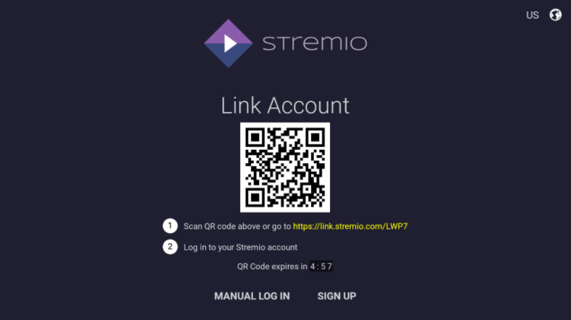 Stremio option to scan the QR code to sign into the app