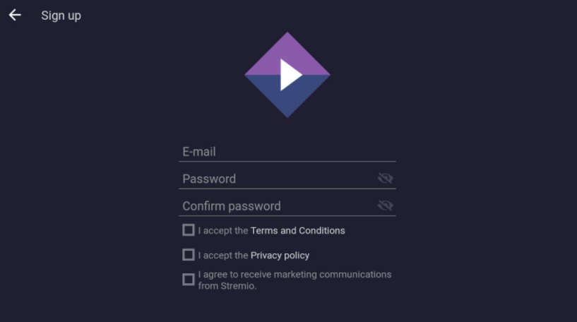 Stremio option to sign into the app using email id and password