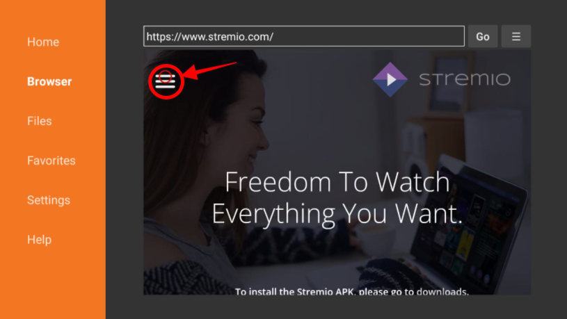 Stremio website on Downloader app, Menu button highlighted