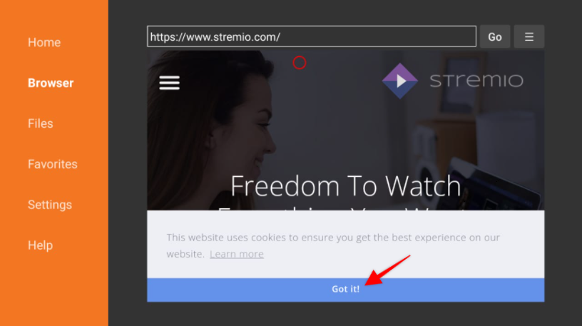 Stremio website on Downloader app, a cookies prompt pop-up. Select Got it