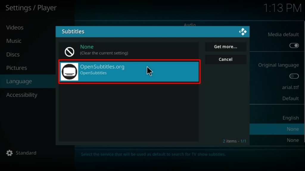 Subtitles dialog box on Kodi’s Player screen showing OpenSubtitles.org for TV show service