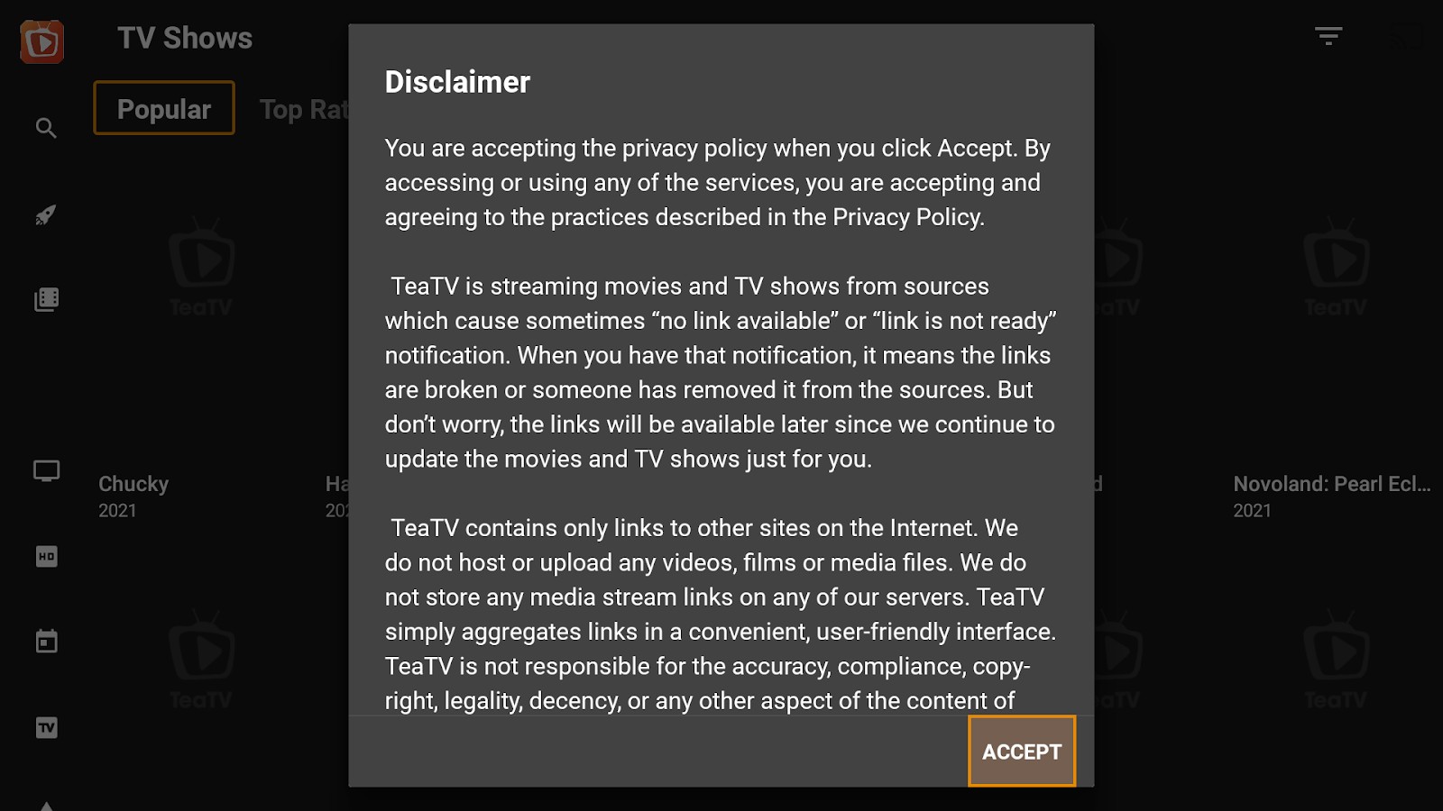 TeaTV app Disclaimer pop-up