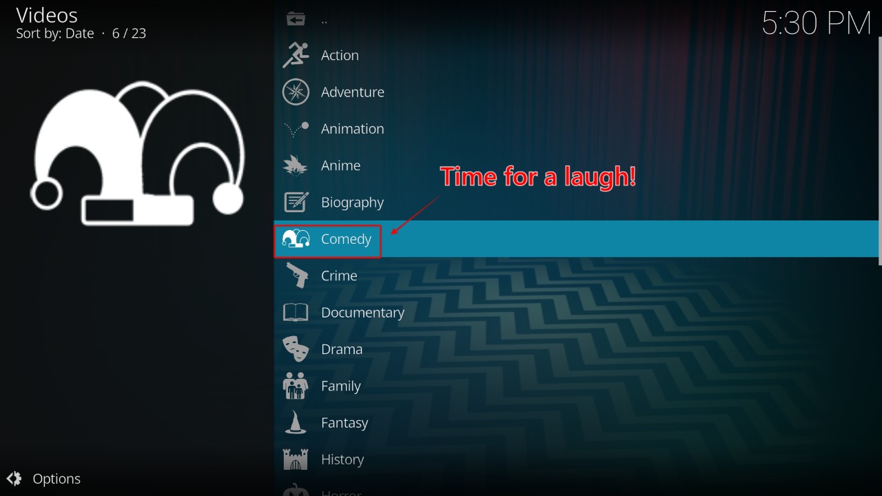 The Genres menu in Kodi Videos with Comedy highlighted