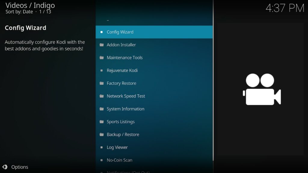 The Indigo Videos addon screen on Kodi for Config Wizard showing several menu options