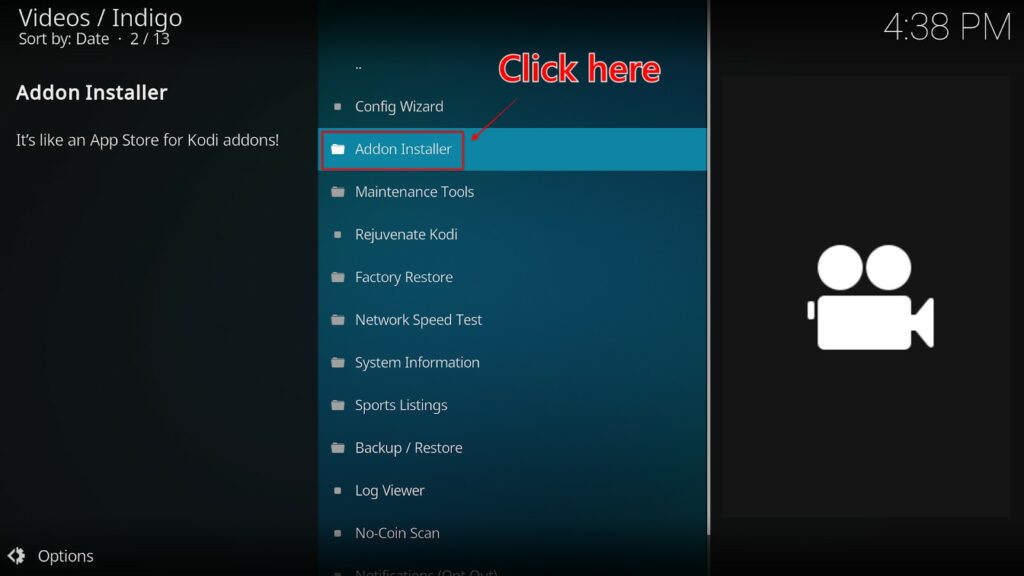 The Indigo Videos addon screen on Kodi showing the Addon Installer menu option being highlighted