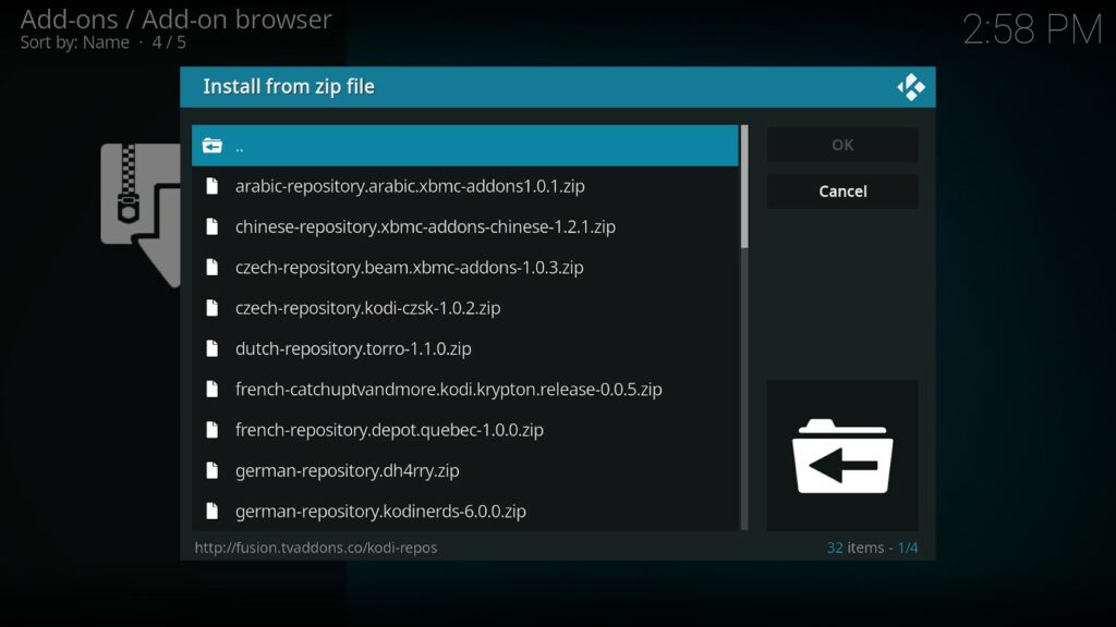 The Install from zip file pop-up window showing Kodi repositories in foreign languages