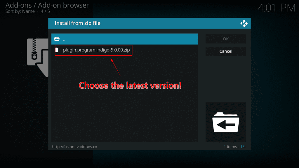 The Install from zip file window showing the latest version of Indigo source file