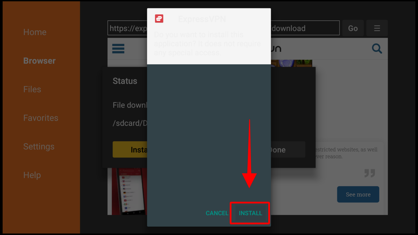 The Install option highlighted on Downloader’s interface for ExpressVPN on Firestick