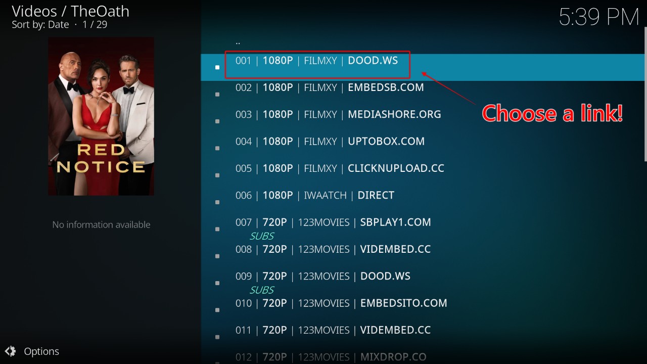 The Oath Kodi Addon search menu with list of options for the movie Red Notice