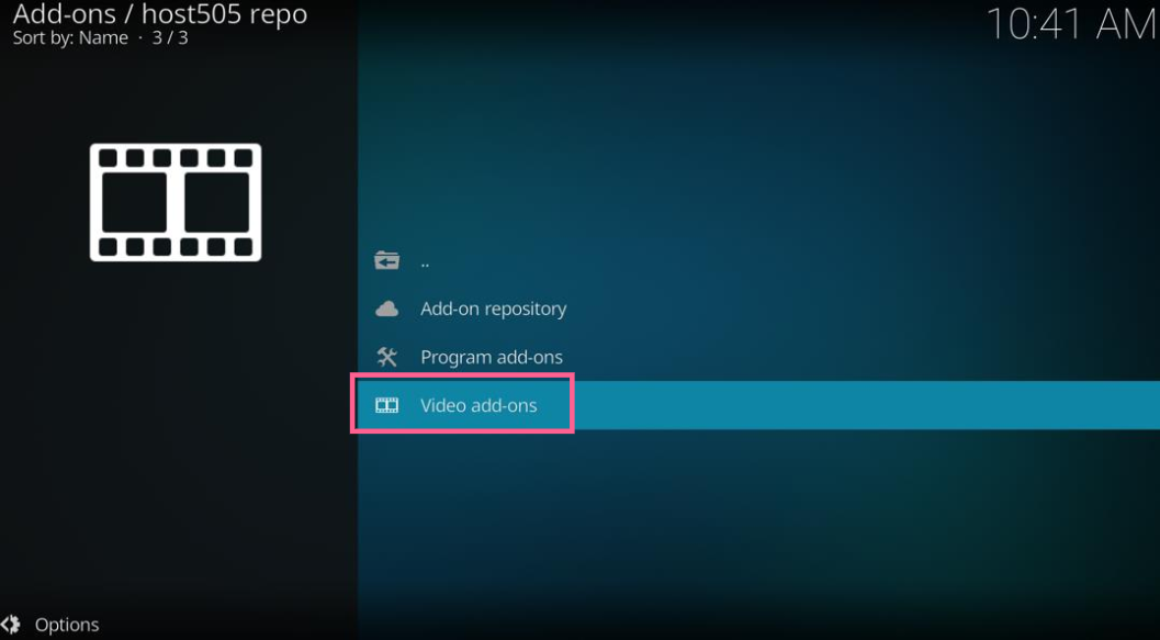 The Oath Kodi add-ons host505 repository screen, Video add-ons highlighted
