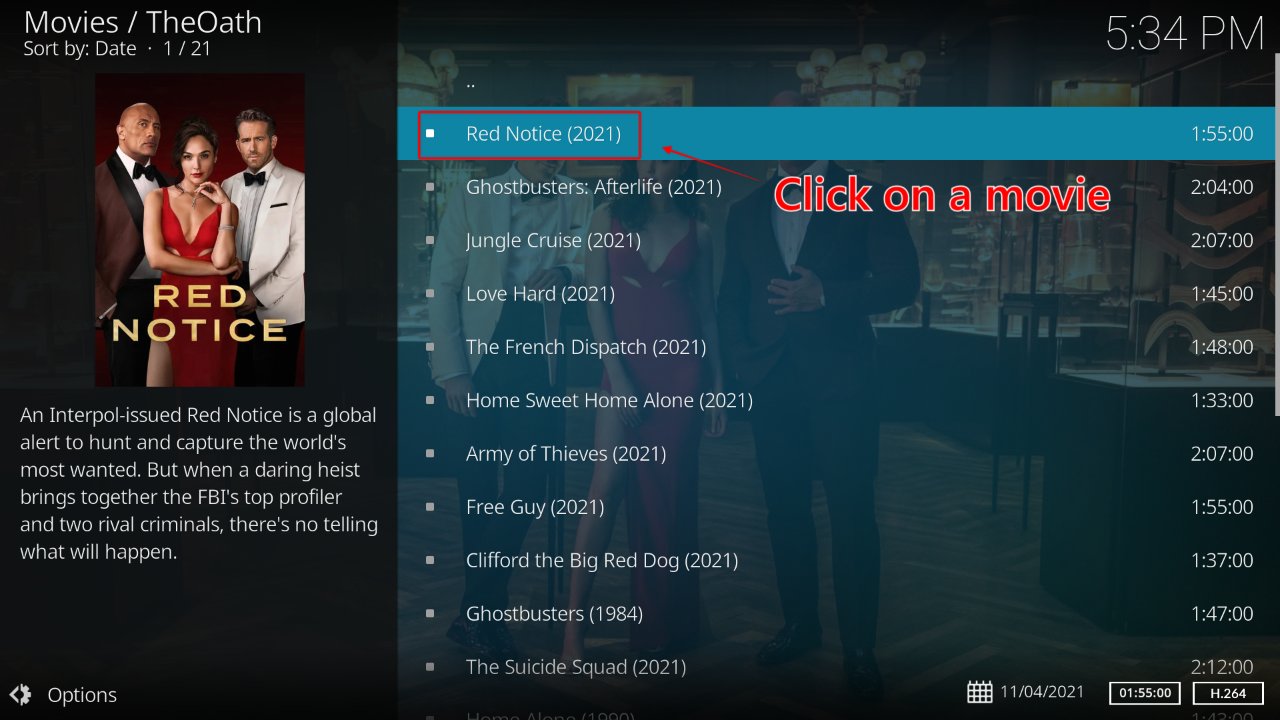 The Oath Kodi addon search results for Movies with Red Notice highlighted