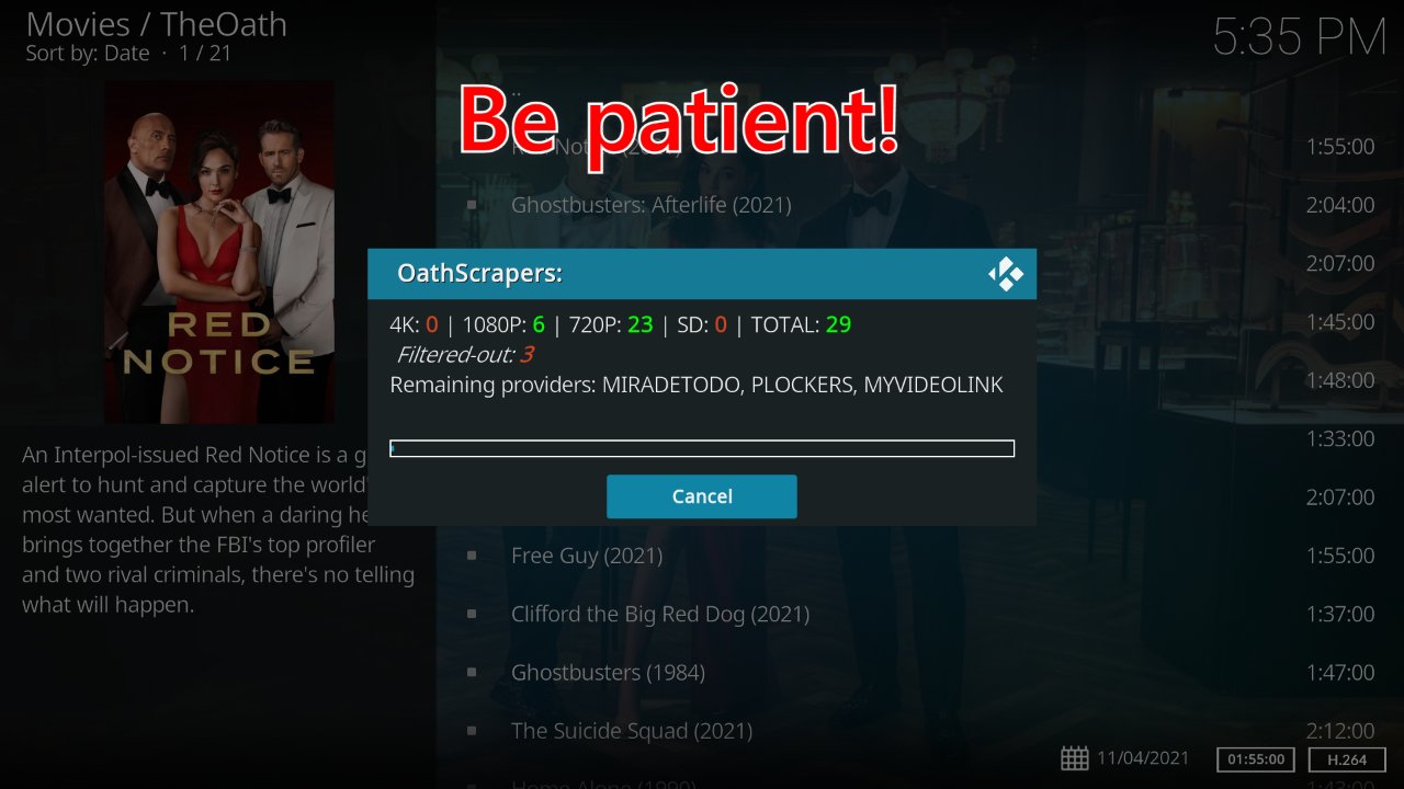 The Oathscrapers dialog box indicating the progress of movie Red Notice