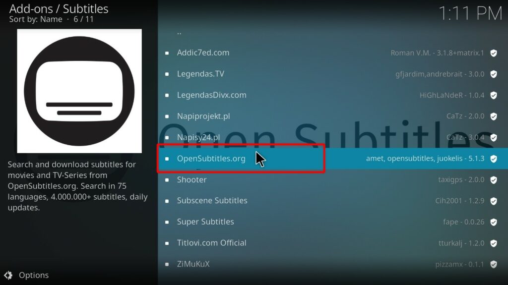 The OpenSubtitles.org option among Kodi Add-ons Subtitles menu