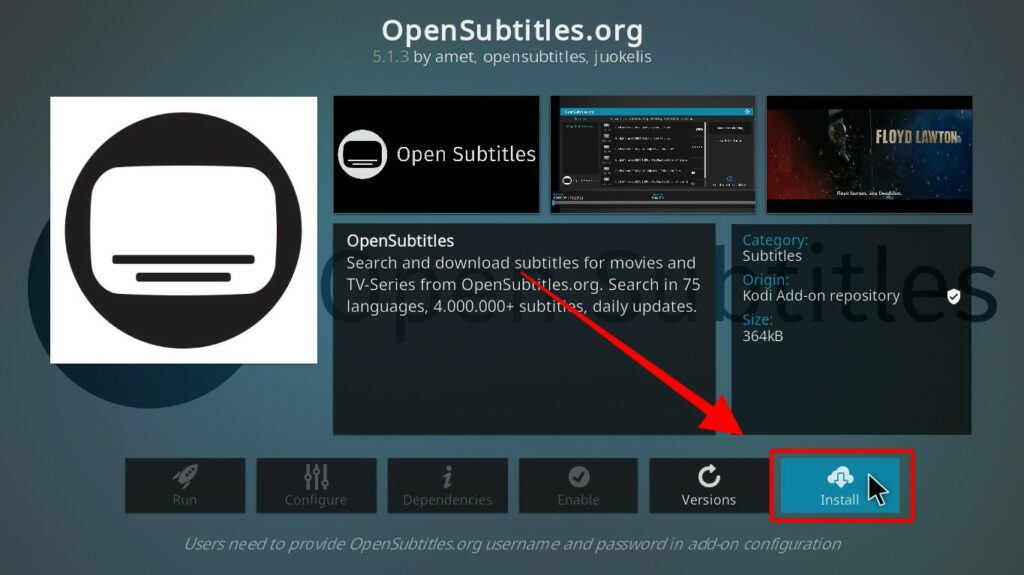 The OpenSubtitles.org screen with the Install tile highlighted for clicking