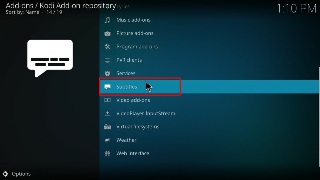 The Subtitles option highlighted among Kodi Add-on repository menu