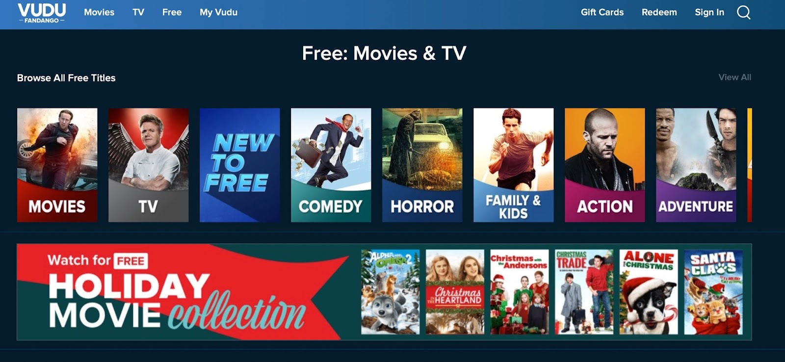 The VUDU app movie genere screen on Firestick