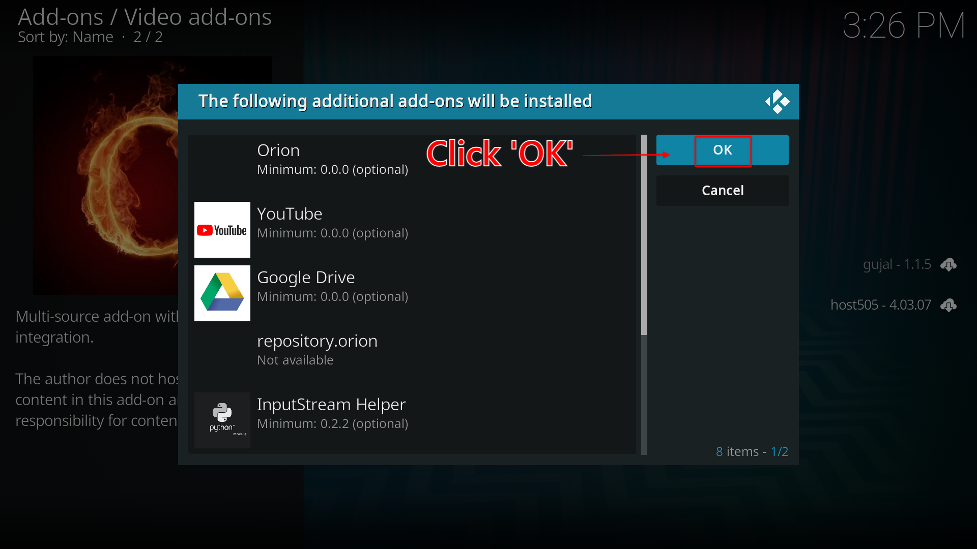 The dialog box for The Oath video addons showing the Orion, YouTube, Google Drive, repository onion, and InputStream Helper addon files with the OK button highlighted for clicking