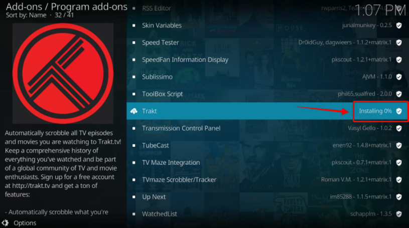 Trakt Installing Progress