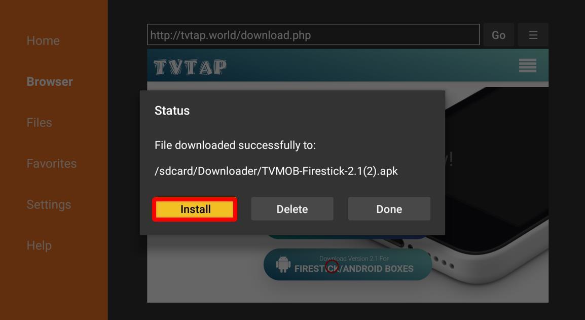 Tvtap Install Button highlighted