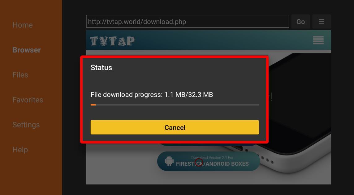 Tvtap downloading status box