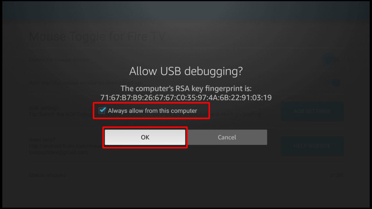 The USB debugging notification on Firestick with ‘Always allow from this computer’ check-marked and the OK button highlighted