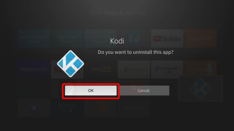 Uninstall kodi addon ok highlighted