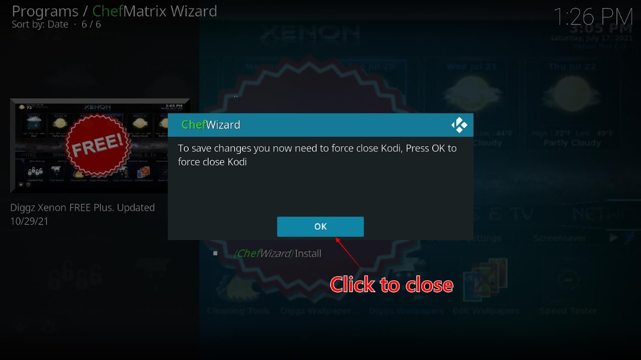 a pop-up menu will ask you to force close Kodi