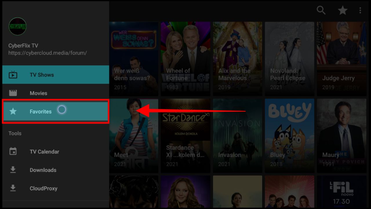 CyberFlix TV menu showing the Mouse Toggle cursor navigating to the Favorites option