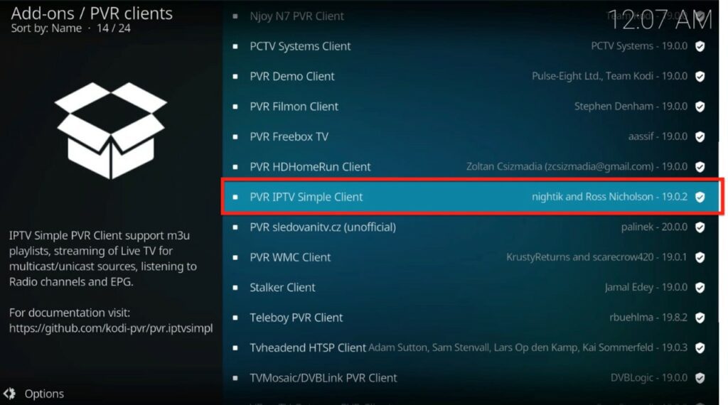 kodi add-ons screen PVR IPTV Simple Client highlighted