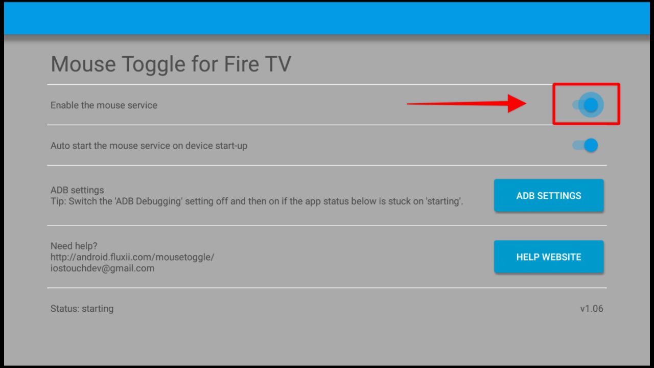 Mouse Toggle for Fire TV Interface showing the mouse service option enabled