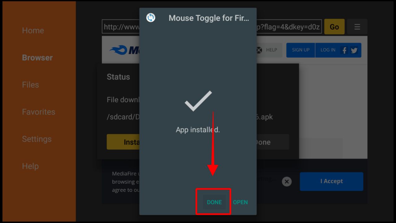 successful installation of Mouse Toggle DONE highlighted