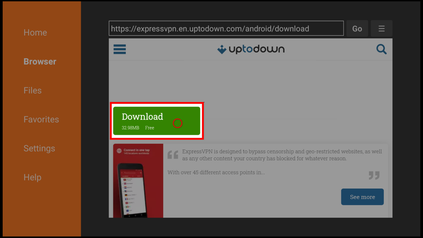 the Download button highlighted on Downloader’s interface for installing ExpressVPN on Firestick