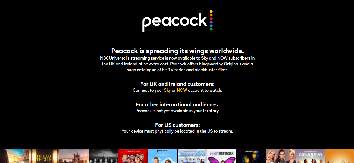 A screenshot of Peacock TV home screen showing Peacock availability