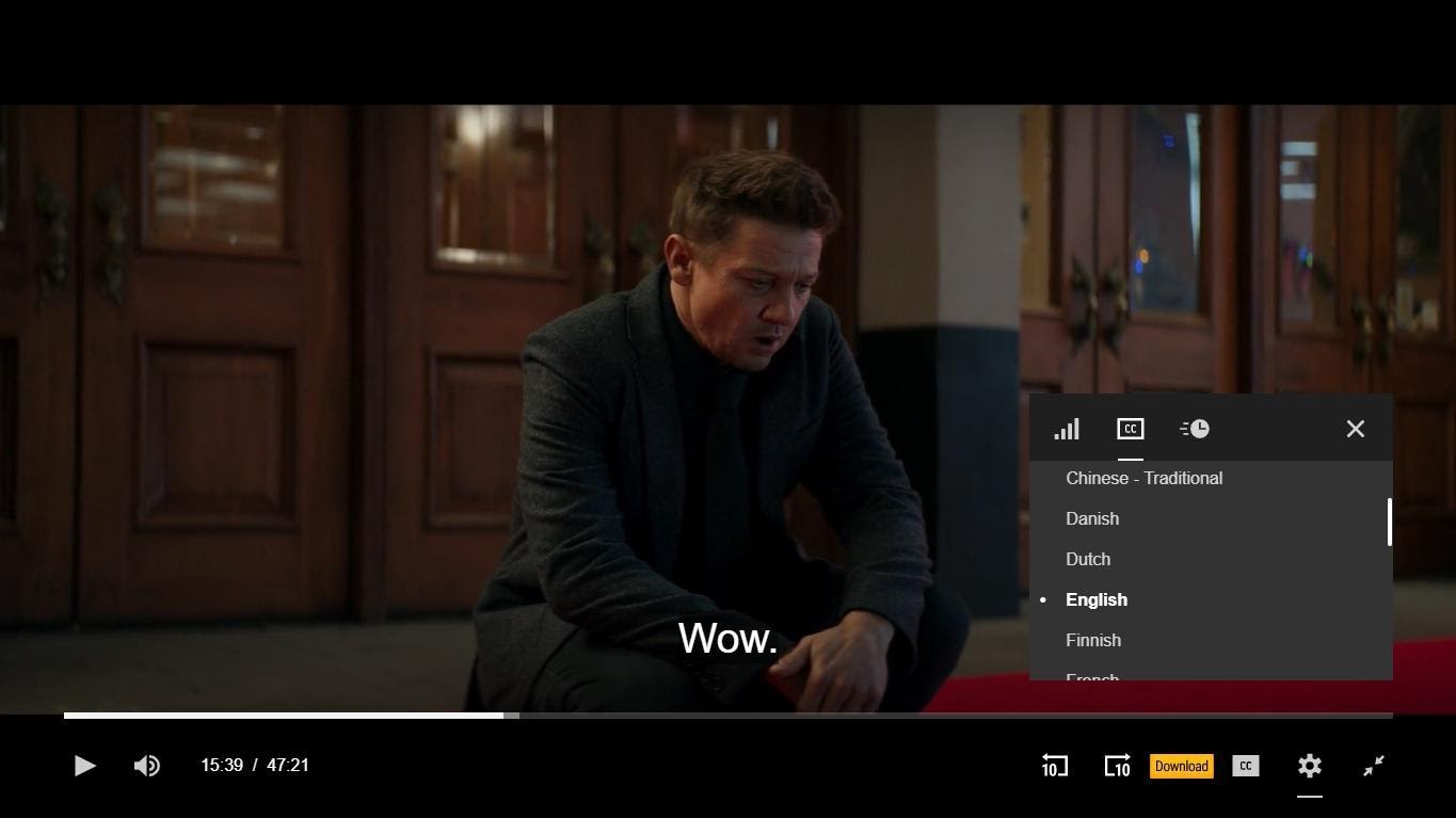 A screenshot of a Hawkeye episode with subtitles on WatchSeries and video quality options