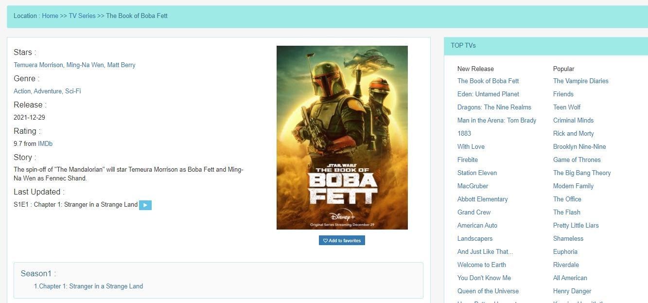 A screenshot of the details provided by Soap2Day for The Book of Boba Fett TV series