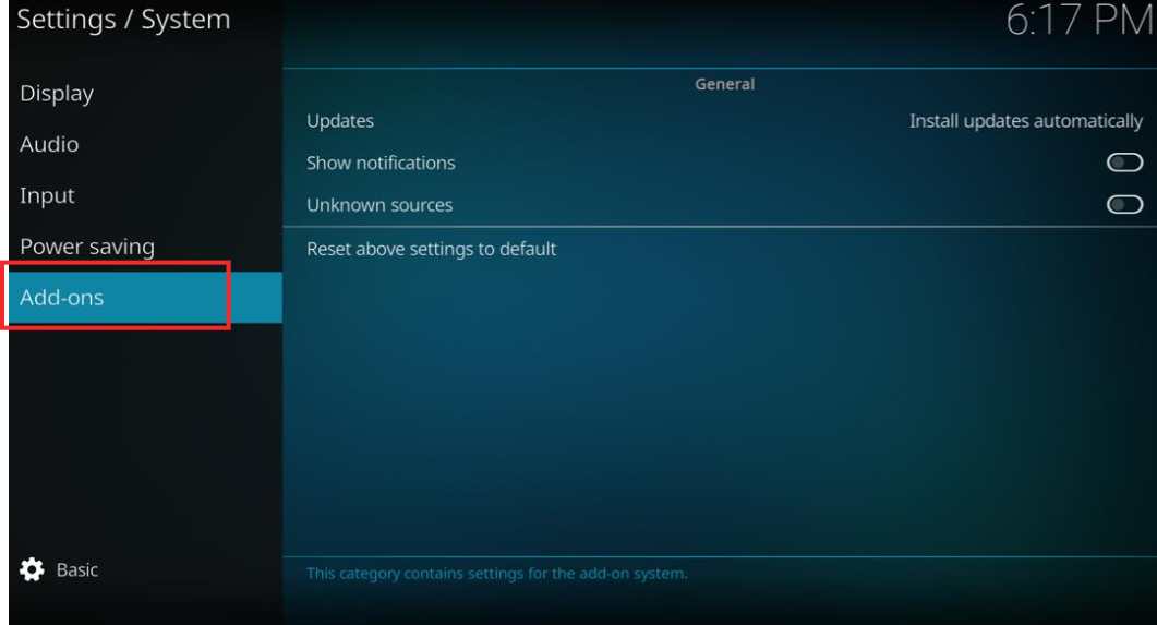 Add-ons option in kodi setting