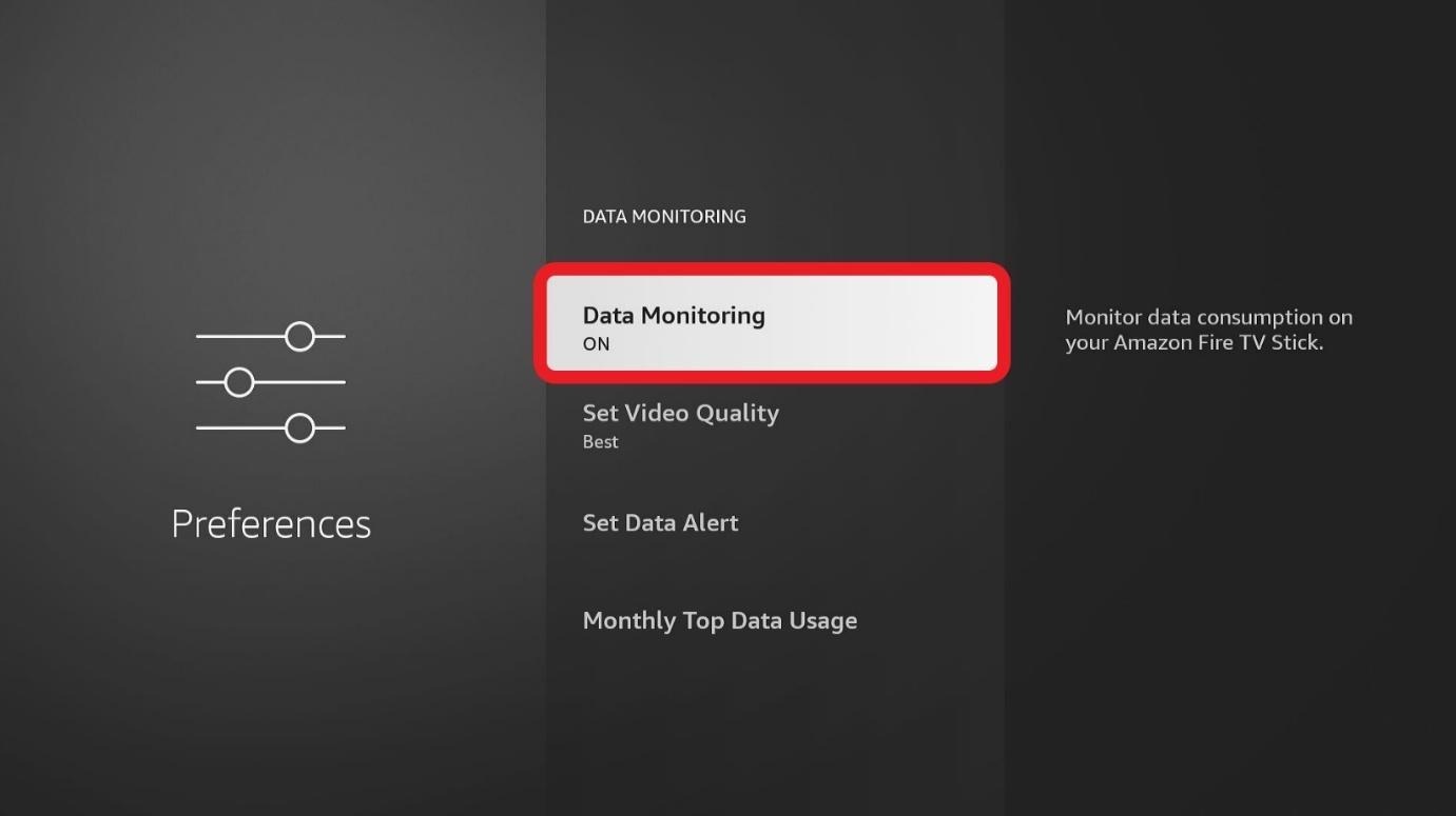 Amazon Firestick Preferences window Data Monitoring ON highlighted