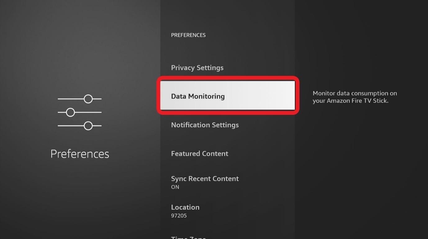 Amazon Firestick Preferences window Data Monitoring highlighted