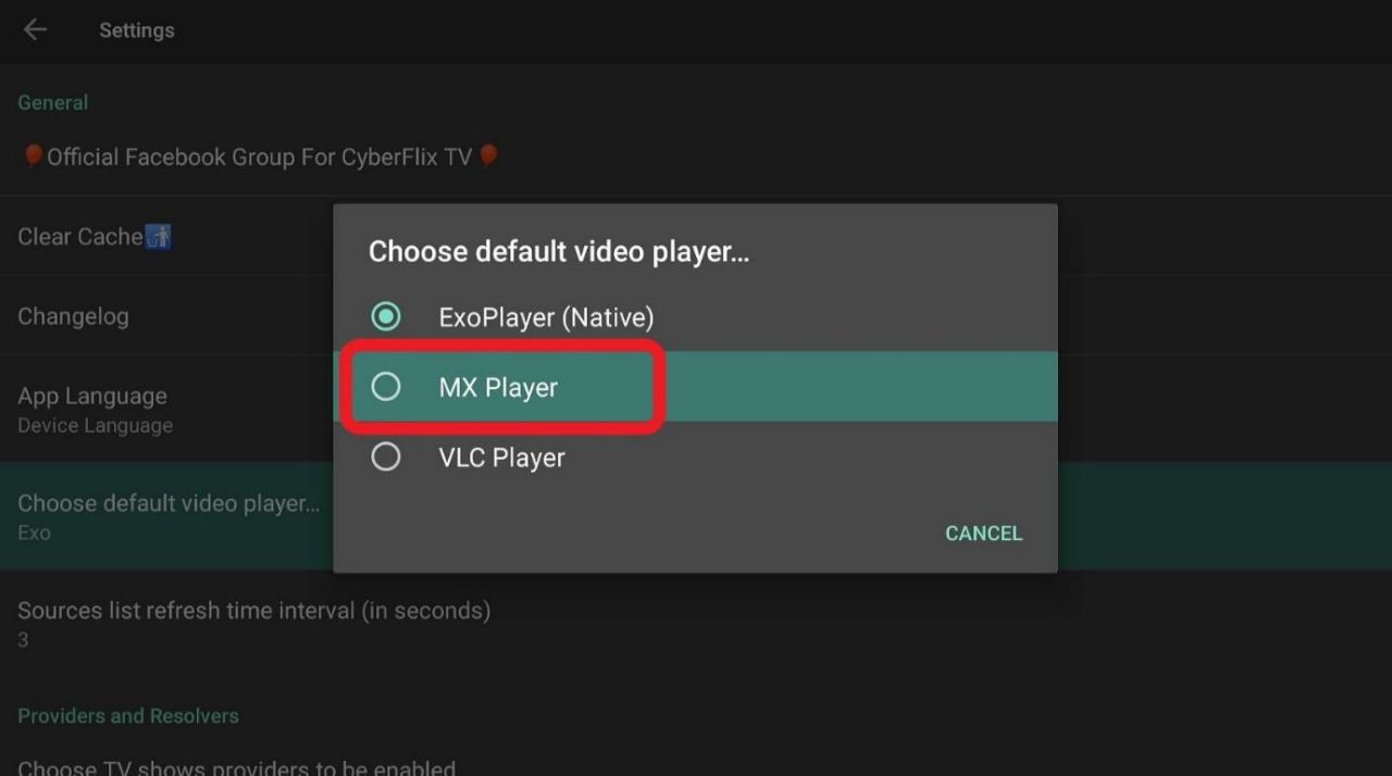 Choose Mx Player in CyberFlix